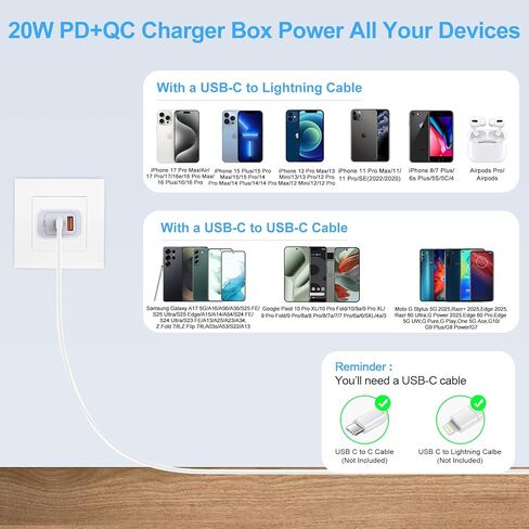 لـ Samsung A36 شاحن سريع Block USB C Plug for Samsung Galaxy A17 A54 S25 FE S24 Ultra، iPhone 17 Pro Max 17 Air 16 Plus 16e 15، Google Pixel 10 Pro XL / 9a / 9Pro / 8،20W Android Phone Charge Wall محول in Kuwait