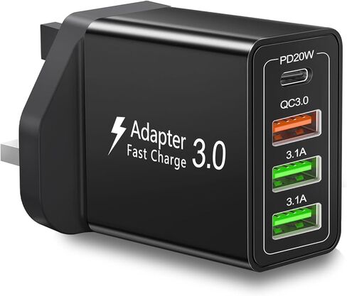 شاحن USB المملكة المتحدة، 40 وات 4 منافذ في المملكة المتحدة محول قابس السفر المملكة المتحدة شاحن USB كتلة أيرلندا المملكة المتحدة محول التوصيل PD20W QC3.0 كتلة شحن سريع لهاتف iPhone 17 16 15 14 13 12 11، Galaxy، LG، Pixel، Tablet in Kuwait