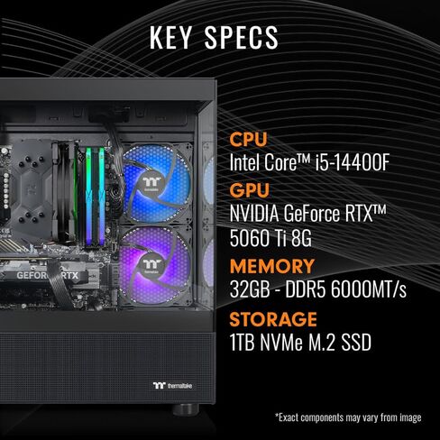 كمبيوتر سطح المكتب للألعاب Thermaltake LCGS View i1460T-170 (Intel Core™ i5-14400F، ToughRam 32GB DDR5 6000MT/s RGB Memory، NVIDIA GeForce® RTX 5060 Ti 8G، 1 تيرابايت NVMe M.2، WiFi، Windows 11) V17B-B760-56T-LCS in Saudi Arabia