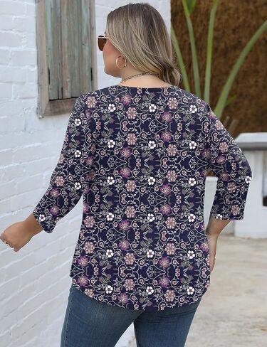 Womens 3/4 Length Sleeve Plus Size Tops Crew Neck Floral Blouses Casual Loose Tunic T-Shirts 1X-5X in Saudi Arabia