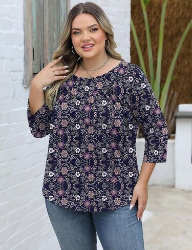 Womens 3/4 Length Sleeve Plus Size Tops Crew Neck Floral Blouses Casual Loose Tunic T-Shirts 1X-5X in Saudi Arabia