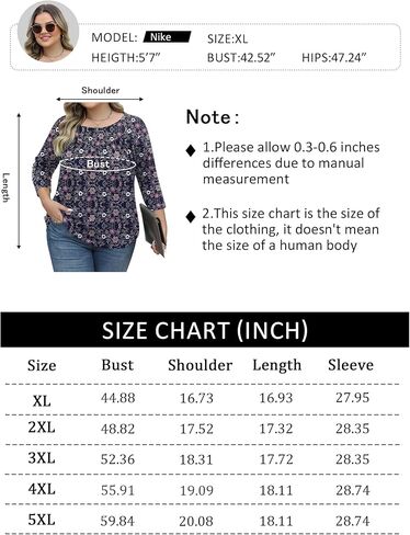 Womens 3/4 Length Sleeve Plus Size Tops Crew Neck Floral Blouses Casual Loose Tunic T-Shirts 1X-5X in Saudi Arabia