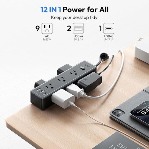 NTONPOWER شريط طاقة للمكتب الدائم مع سلك تمديد ملفوف بطول 6 أقدام، شريط طاقة بمشبك مكتب مع 9 تيار متردد و3 USB (USB C)، واقي من زيادة سطح المكتب 1200J، ملحقات سطح المكتب الدائمة، تناسب حافة الطاولة 2.68 بوصة in Kuwait