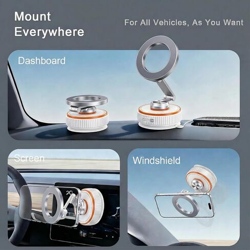 Vacuum Magnetic Car Phone Mount, 120+ LB Vacuum Suction & 3000gf Magnetic Force, 360° Triple-Axis Adjustable Car Holder for iPhone & All Phones, Twist-Lock Suction Cup, Quick-Release – White in Saudi Arabia