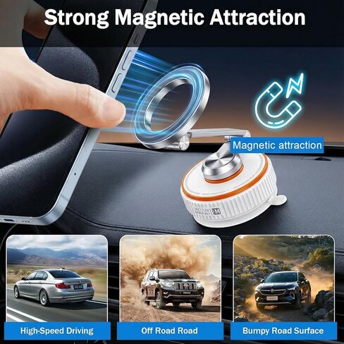 Vacuum Magnetic Car Phone Mount, 120+ LB Vacuum Suction & 3000gf Magnetic Force, 360° Triple-Axis Adjustable Car Holder for iPhone & All Phones, Twist-Lock Suction Cup, Quick-Release – White in Saudi Arabia