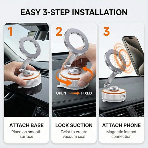 Vacuum Magnetic Car Phone Mount, 120+ LB Vacuum Suction & 3000gf Magnetic Force, 360° Triple-Axis Adjustable Car Holder for iPhone & All Phones, Twist-Lock Suction Cup, Quick-Release – White in Saudi Arabia