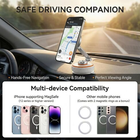 Vacuum Magnetic Car Phone Mount, 120+ LB Vacuum Suction & 3000gf Magnetic Force, 360° Triple-Axis Adjustable Car Holder for iPhone & All Phones, Twist-Lock Suction Cup, Quick-Release – White in Saudi Arabia
