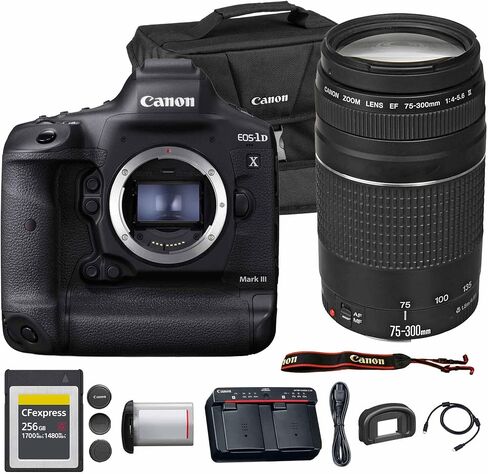 كاميرا كانون EOS-1D X Mark III DSLR | مستشعر CMOS كامل الإطار بدقة 20.1 ميجابكسل ومعالج DIGIC X وفيديو بدقة 4K | كاميرا Pro للرياضة والحياة البرية (3829C002) عدسة EF 75-300mm f/4-5.6 III + حقيبة + بطاقة سعة 256 جيجابايت in Kuwait