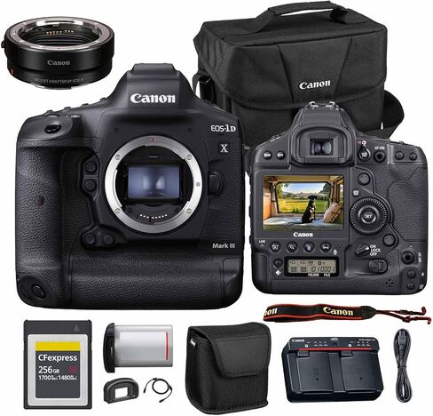 كاميرا كانون EOS-1D X Mark III DSLR | مستشعر CMOS كامل الإطار بدقة 20.1 ميجابكسل ومعالج DIGIC X وفيديو بدقة 4K | كاميرا احترافية للرياضة والحياة البرية (3829C002) محول EF-EOS R + حقيبة + بطاقة سعة 256 جيجابايت in Kuwait