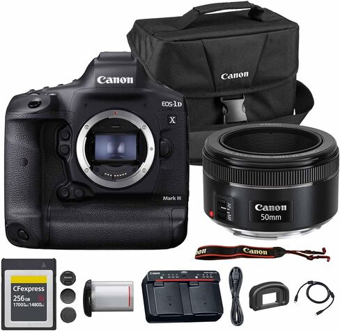 Canon EOS-1D X Mark III DSLR Camera | 20.1MP Full-Frame CMOS Sensor, DIGIC X Processor & 4K Video | Professional Sports & Wildlife Camera (3829C002) + Canon EF 50mm f/1.8 STM Lens + Bag + 256GB Card in Kuwait