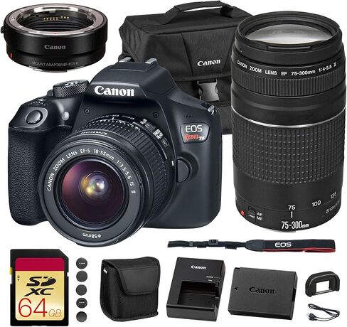 كاميرا Canon EOS Rebel T6 DSLR مع عدسة 18-55 ملم | مستشعر APS-C CMOS بدقة 18 ميجابكسل، وواي فاي مدمج وفيديو عالي الدقة | للسفر والصور اليومية + عدسة Canon EF 75-300mm f/4-5.6 III + محول EF-EOS R + المزيد in Saudi Arabia
