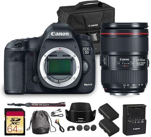 كاميرا كانون EOS 5D Mark III DSLR | مستشعر CMOS كامل الإطار بدقة 22.3 ميجابكسل ومعالج DIGIC 5+ وفيديو عالي الدقة | لحفلات الزفاف والصور الشخصية (5260B002) + عدسة Canon EF 24-105mm f/4L is II USM + بطاقة 64 جيجابايت + المزيد in Kuwait