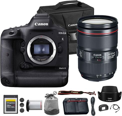 كاميرا كانون EOS-1D X Mark III DSLR | مستشعر CMOS كامل الإطار بدقة 20.1 ميجابكسل ومعالج DIGIC X وفيديو بدقة 4K | كاميرا Pro للرياضة والحياة البرية (3829C002) عدسة EF 24-105mm f/4L is II USM + حقيبة + بطاقة سعة 256 جيجابايت in Kuwait