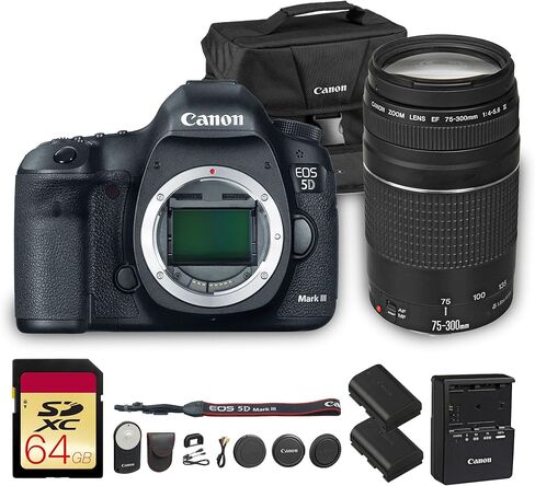 Canon EOS 5D Mark III DSLR Camera | 22.3MP Full-Frame CMOS Sensor, DIGIC 5+ Processor & HD Video | for Weddings, Portraits & Events (5260B002) + Canon EF 75-300mm f/4-5.6 III Lens + RC-6 + Bag + More in Saudi Arabia