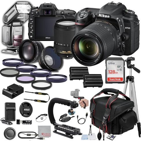 كاميرا نيكون D7500 DSLR مع عدسة 18-140 ملم 20 ميجابكسل وذاكرة 128 جيجابايت وفلاش TTL Pro ومرشحات وعدسات وحقيبة وحامل ثلاثي القوائم ومقبض والمزيد - حزمة صور احترافية (حزمة 38 قطعة) in Kuwait