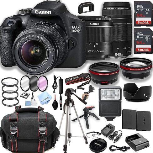 Canon EOS 2000D / Rebel T7 DSLR Camera w/ 18-55mm Zoom Lens + 75-300mm III Lens + 2pcs 64GB Memory + Case+ Tripod + Steady Grip Pod + Filters + Macro + More (37pc Bundle) (Renewed) in Saudi Arabia
