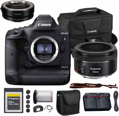 كاميرا كانون EOS-1D X Mark III DSLR | مستشعر CMOS كامل الإطار بدقة 20.1 ميجابكسل ومعالج DIGIC X وفيديو بدقة 4K | كاميرا احترافية للرياضة والحياة البرية (3829C002) + عدسة Canon EF مقاس 50 مم f/1.8 STM + محول EF-EOS R + المزيد in Kuwait