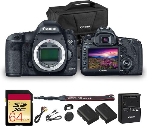 كاميرا كانون EOS 5D Mark III DSLR | مستشعر CMOS كامل الإطار بدقة 22.3 ميجابكسل ومعالج DIGIC 5+ وفيديو عالي الدقة | رائعة لحفلات الزفاف والصور الشخصية والمناسبات (5260B002) + حقيبة Canon + بطاقة سعة 64 جيجابايت + بطارية LP-E6P in Kuwait