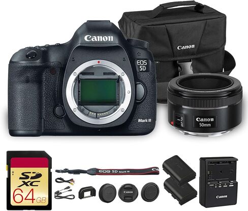 كاميرا كانون EOS 5D Mark III DSLR | مستشعر CMOS كامل الإطار بدقة 22.3 ميجابكسل ومعالج DIGIC 5+ وفيديو عالي الدقة | لحفلات الزفاف والصور الشخصية والمناسبات (5260B002) + عدسة Canon EF 50mm f/1.8 STM + بطاقة سعة 64 جيجابايت + المزيد in Kuwait