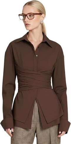 Lomehue Women Fitted Button Down Shirt Cinched Waist Tops Cotton Long Sleeve Wrap Blouse Stylish Dressy Casual Outfit 2025 in Kuwait