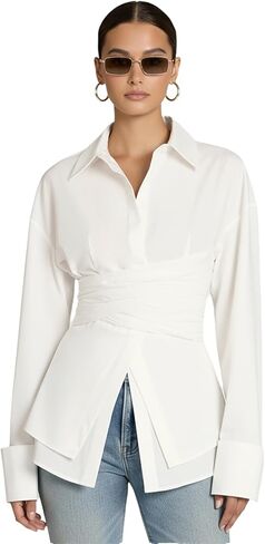 Lomehue Women Fitted Button Down Shirt Cinched Waist Tops Cotton Long Sleeve Wrap Blouse Stylish Dressy Casual Outfit 2025 in Kuwait
