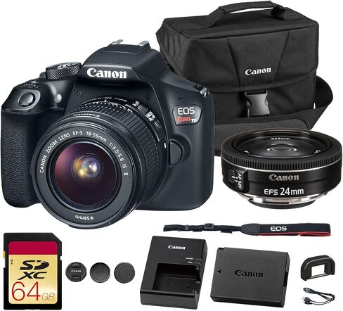 كاميرا Canon EOS Rebel T6 DSLR مع عدسة 18-55 ملم | مستشعر APS-C CMOS بدقة 18 ميجابكسل، وواي فاي مدمج وفيديو عالي الدقة | رائعة للسفر والتصوير الفوتوغرافي اليومي (1159C003) عدسة EF-S مقاس 24 مم f/2.8 STM + المزيد in Saudi Arabia