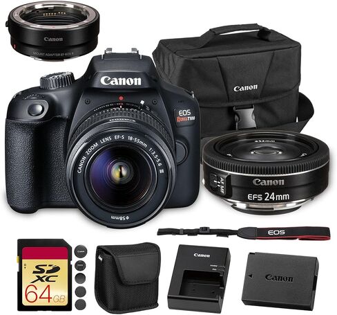 كاميرا Canon EOS Rebel T100 DSLR مع عدسة 18-55 ملم| مستشعر APS-C بدقة 18 ميجابكسل، وشبكة Wi-Fi مدمجة وفيديو عالي الدقة بالكامل| للمبتدئين والسفر والتصوير اليومي (2628C029) + عدسة EF-S مقاس 24 مم f/2.8 STM + بطاقة سعة 64 جيجابايت + المزيد in Saudi Arabia