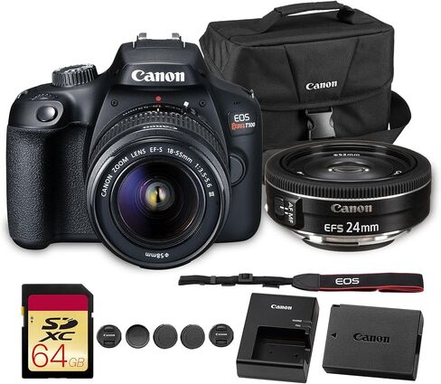 Canon EOS Rebel T100 DSLR Camera with 18-55mm Lens | 18MP APS-C Sensor, Built-in Wi-Fi & Full HD Video | for Beginners, Travel & Everyday Shooting (2628C029) + EF-S 24mm f/2.8 STM Lens + Bag + More in Saudi Arabia