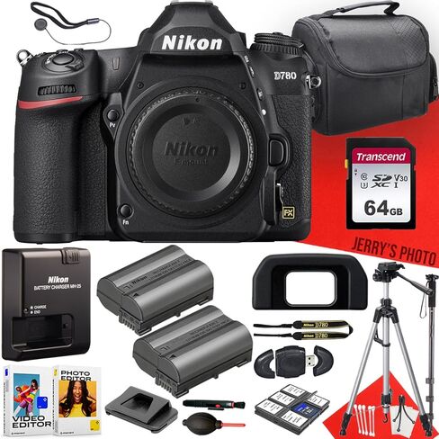 كاميرا Nikon D780 DSLR (الهيكل فقط) + ذاكرة سعة 64 جيجابايت + حامل ثلاثي القوائم + Monopod + بطارية إضافية + مجموعة تنظيف فاخرة + المزيد (حزمة مكونة من 21 قطعة) (متجددة) in Saudi Arabia