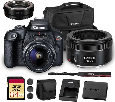 كاميرا Canon EOS Rebel T100 DSLR مع عدسة 18-55 ملم| مستشعر APS-C بدقة 18 ميجابكسل، وواي فاي مدمج وفيديو عالي الدقة| للمبتدئين والسفر والتصوير اليومي (2628C029) + عدسة EF مقاس 50 مم f/1.8 STM + بطاقة سعة 64 جيجابايت + المزيد in Saudi Arabia