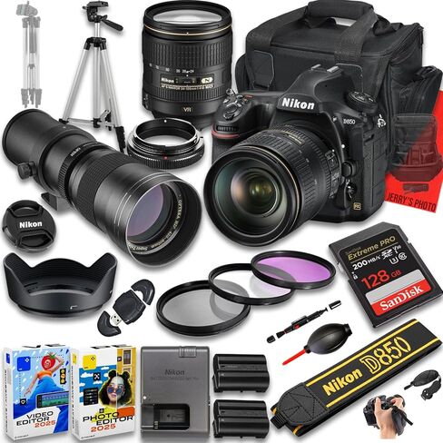كاميرا Nikon D850 DSLR مع عدسة AF-S NIKKOR مقاس 24-120 مم f/4G ED VR وعدسة تليفوتوغرافي فائقة الدقة مقاس 420-800 مم f/8 + ذاكرة سعة 128 جيجابايت + بطارية إضافية + حقيبة كاميرا + المزيد (حزمة مكونة من 25 قطعة) (متجددة) in Saudi Arabia