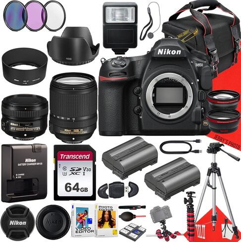 كاميرا Nikon D850 DSLR مع عدسة AF-S DX 18-140 مم f/3.5-5.6G ED VR وعدسة AF-S 50 مم f/1.8G + ذاكرة 64 جيجابايت + غطاء محرك السيارة + بطارية إضافية + مرشحات + حامل ثلاثي القوائم + المزيد (حزمة 34 قطعة) (متجددة) in Saudi Arabia
