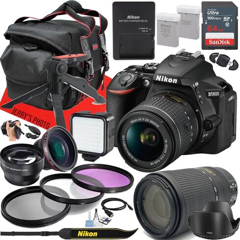 كاميرا Nikon D5600 DSLR مع عدسة AF-P DX 18-55 مم f/3.5-5.6G VR وAF-P DX 70-300 مم f/4.5-6.3G ED VR + ذاكرة 64 جيجابايت + بطارية إضافية + ضوء LED + المزيد (حزمة 26 قطعة) (متجددة) in Saudi Arabia