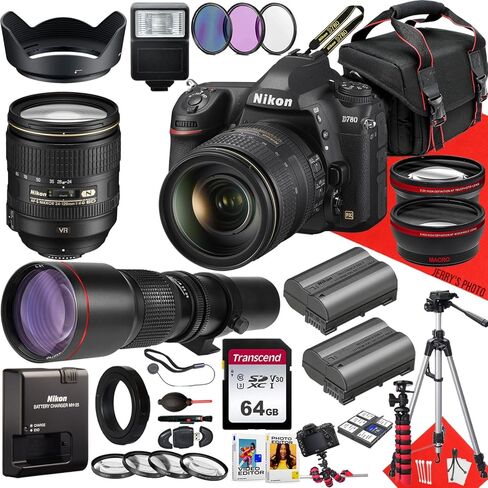 كاميرا Nikon D780 DSLR مع عدسة AF-S 24-120mm f/4G ED VR وعدسة 500 مم + ذاكرة 64 جيجابايت + بطارية إضافية + فلاش تابع + مرشحات + حامل ثلاثي القوائم + المزيد (حزمة 33 قطعة) (متجددة) in Saudi Arabia