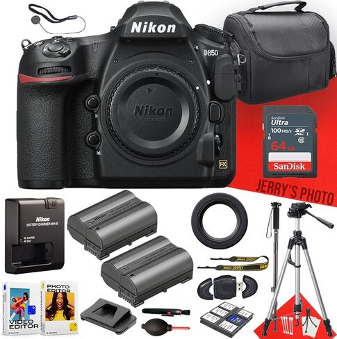 كاميرا Nikon D850 DSLR (الهيكل فقط) + ذاكرة سعة 64 جيجابايت + حامل ثلاثي القوائم + حامل أحادي + بطارية إضافية + مجموعة تنظيف فاخرة + المزيد (حزمة مكونة من 21 قطعة) (متجددة) in Saudi Arabia