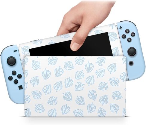 ZOOMHITSKINS OLED Switch Skin, Compatible with Switch OLED Skin Wrap, Dock Leaflet Blue Pastel White Anime Kawaii Japan, 3M Vinyl for Durable & Fit, Made in The USA in Saudi Arabia