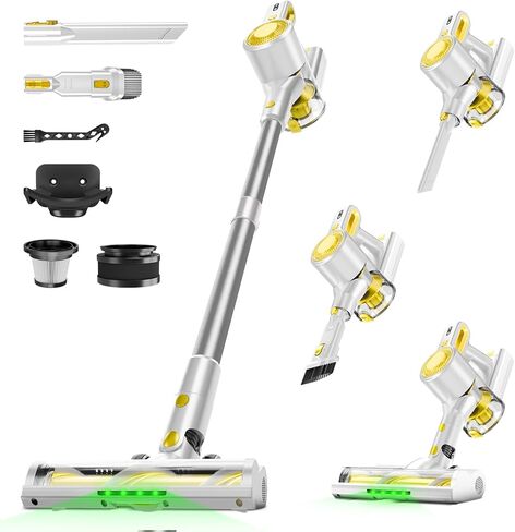 Cordless Vacuum Cleaner for Home, Powerful Stick Vacuum with Rechargeable Battery, Green Light Anti-Tangle Brush, 6-in-1 Lightweight Handheld Vacuum for Pet Hair, Hard Floor, Carpet, Yellow in Saudi Arabia