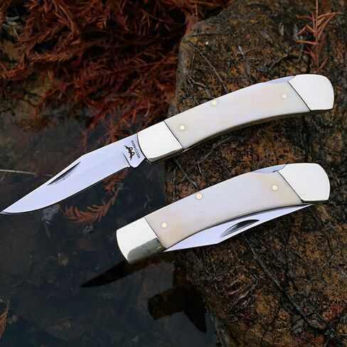 Watchman W132 سكين جيب قفل خلفي سكين جيب قابل للطي مع موازين مقبض عظمية أصلية، أبيض in Kuwait