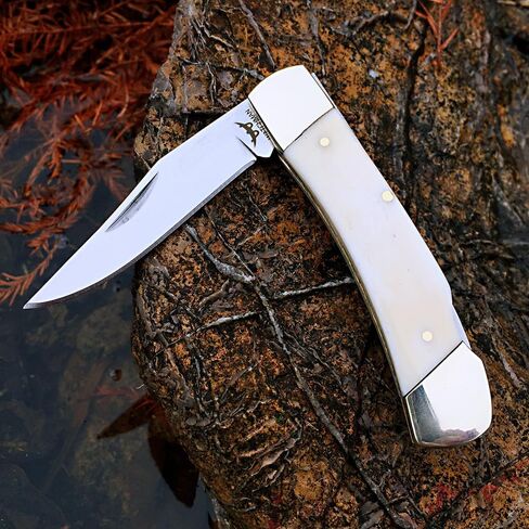 Watchman W132 سكين جيب قفل خلفي سكين جيب قابل للطي مع موازين مقبض عظمية أصلية، أبيض in Kuwait
