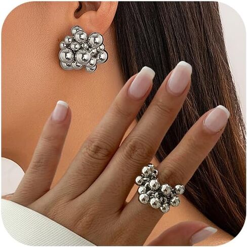 DZSYJKTM Chunky Gold Cluster Beads Jewelry Set for Women Vintage Geometric Formal Beaded Dangle Earrings Fashion Irregular Round Balls Open Knuckle Rings Sets in Saudi Arabia