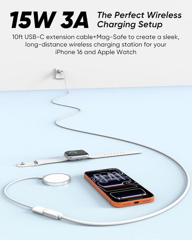 كابل تمديد USB C بطول 10 أقدام، عبوتان، كابل موسع USBC 15 وات/3 أمبير شحن سريع و480 ميجابت في الثانية، سلك USB-C ذكر إلى أنثى لـ Mag-Safe، Apple Watch، iPhone 16/15 PM، HomePod، GalaxyS25، iPad Pro (أبيض 10 قدم) in Kuwait