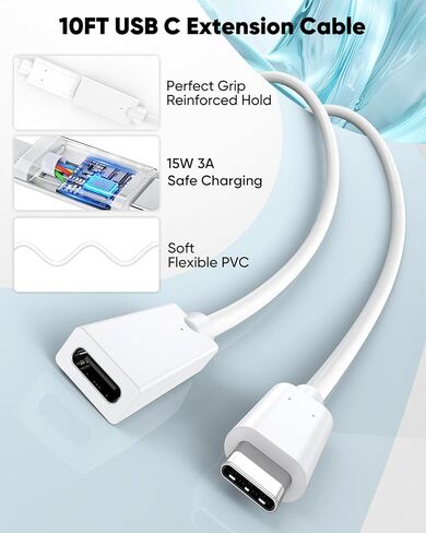 كابل تمديد USB C بطول 10 أقدام، عبوتان، كابل موسع USBC 15 وات/3 أمبير شحن سريع و480 ميجابت في الثانية، سلك USB-C ذكر إلى أنثى لـ Mag-Safe، Apple Watch، iPhone 16/15 PM، HomePod، GalaxyS25، iPad Pro (أبيض 10 قدم) in Kuwait