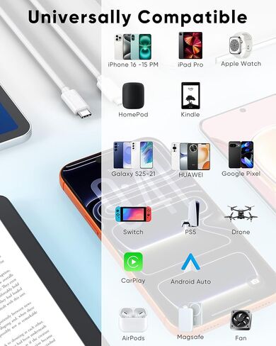 كابل تمديد USB C بطول 10 أقدام، عبوتان، كابل موسع USBC 15 وات/3 أمبير شحن سريع و480 ميجابت في الثانية، سلك USB-C ذكر إلى أنثى لـ Mag-Safe، Apple Watch، iPhone 16/15 PM، HomePod، GalaxyS25، iPad Pro (أبيض 10 قدم) in Kuwait