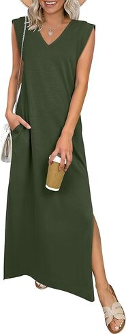 ANRABESS Womens Summer Casual Maxi Dresses Sleeveless V Neck Split Wrinkle-Free Long Sundress Beach Vacation Travel Clothes in Saudi Arabia