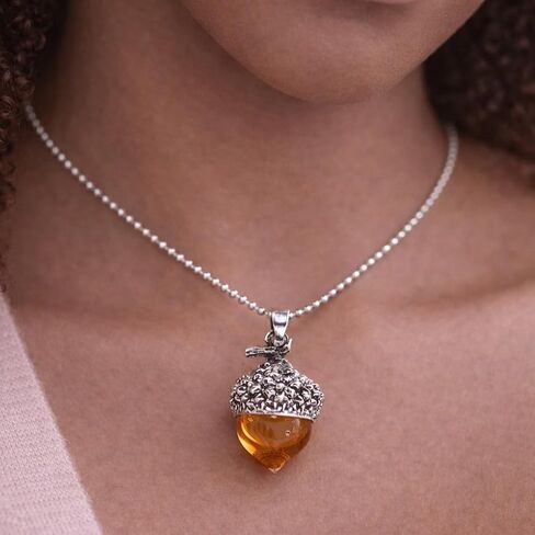 Amber Glass Acorn Pendant Necklace, Gold and Silver Plated Chain, Nature Inspired Design in Saudi Arabia