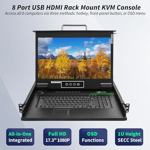 وحدة تحكم KVM مثبتة على حامل HDMI 8 منافذ، شاشة Full HD 1920x1080 مقاس 17.3 بوصة، مفتاح التشغيل السريع لأزرار OSD، مفتاح KVM 1U مع لوحة مفاتيح لوحة اللمس، تتضمن 8 كابلات HDMI USB KVM in Kuwait