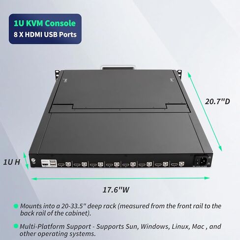 وحدة تحكم KVM مثبتة على حامل HDMI 8 منافذ، شاشة Full HD 1920x1080 مقاس 17.3 بوصة، مفتاح التشغيل السريع لأزرار OSD، مفتاح KVM 1U مع لوحة مفاتيح لوحة اللمس، تتضمن 8 كابلات HDMI USB KVM in Kuwait