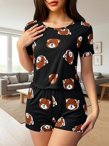 2PCS Women's Lounge pajama Set, Short Sleeve Top and Shorts, Loose Comfy Loungewear Pjs with Letter Print in Saudi Arabia