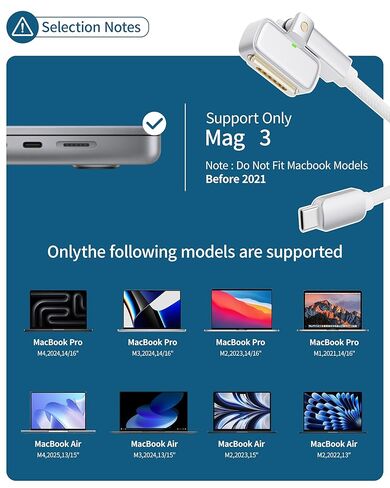 كابل USB-C إلى مغناطيسي 3 بقوة 140 واط، كابل مغناطيسي 3 180 درجة لشاحن MacBook Air Pro، 6.6FT متوافق مع Air (15 بوصة/13 بوصة M4 2025، M3 2024، M2 2023، 2022)، Pro (16 بوصة/14 بوصة 2024/2023/2021) 2 متر أبيض in Saudi Arabia