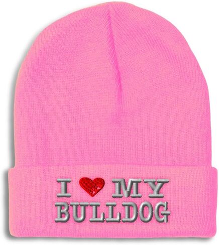 Custom Beanies for Men I Love My Bulldog Dog Pet English Skull Cap Winter Hats Women Acrylic One Size in Saudi Arabia